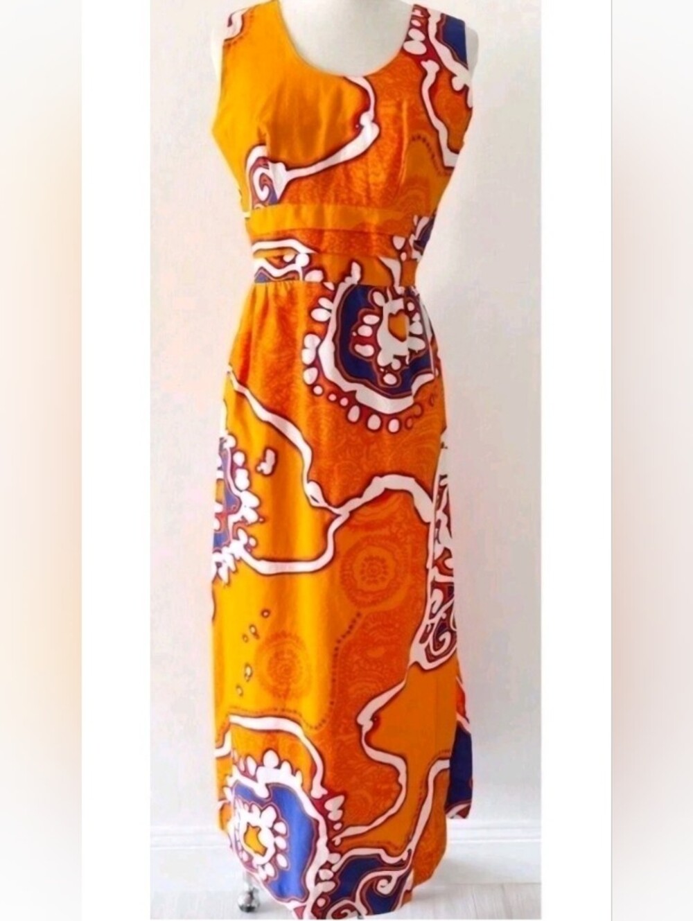 Vintage Malihini Orange Blue Floral Sleeveless Barkcloth Cotton Maxi Dress 12 ML